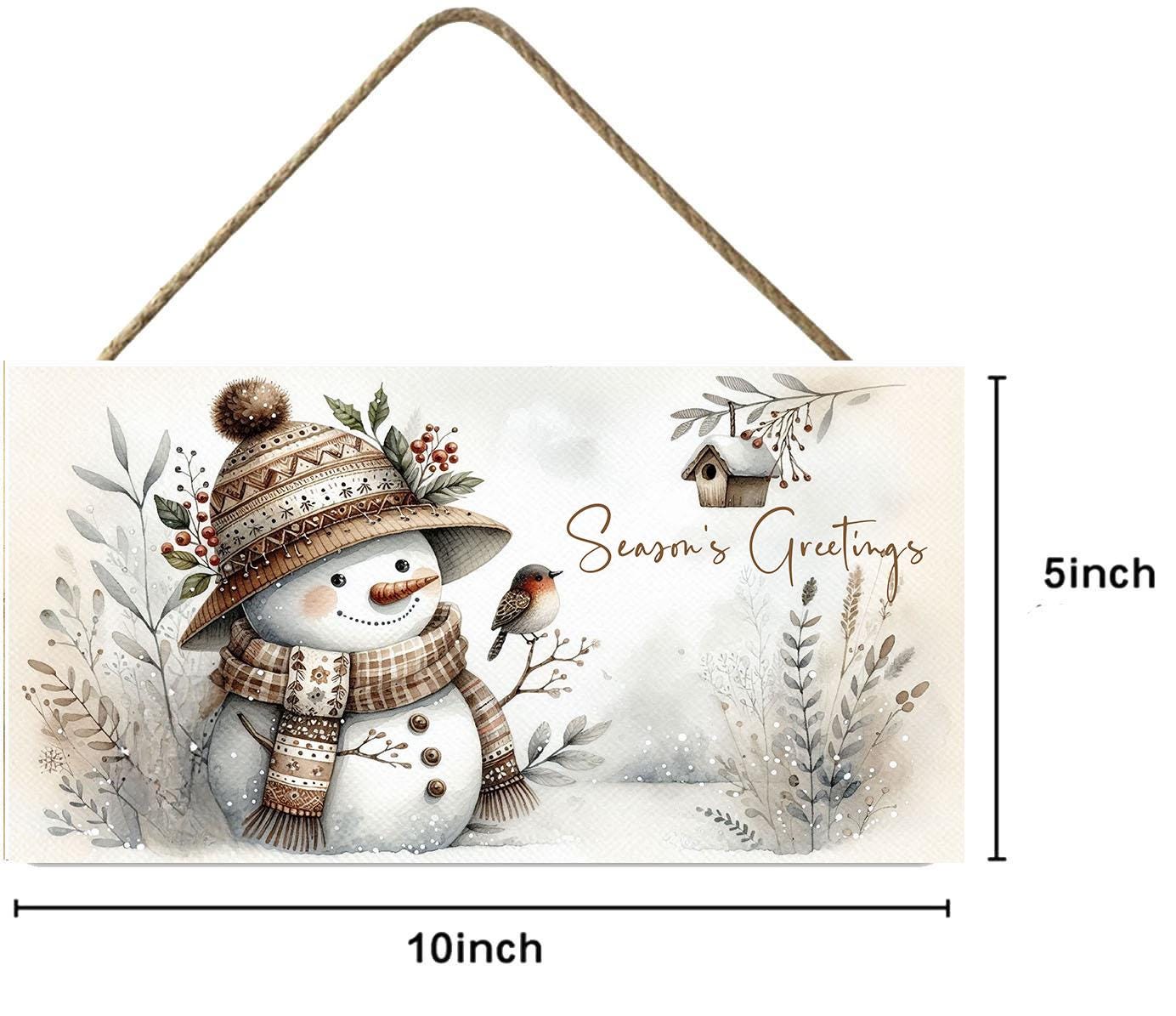 Neutral Snowman Season's Greetings Wood Sign, Wood Decorative Wall Signs, 5" x 10" Wood Wall Decor, Hanging Wall Sign