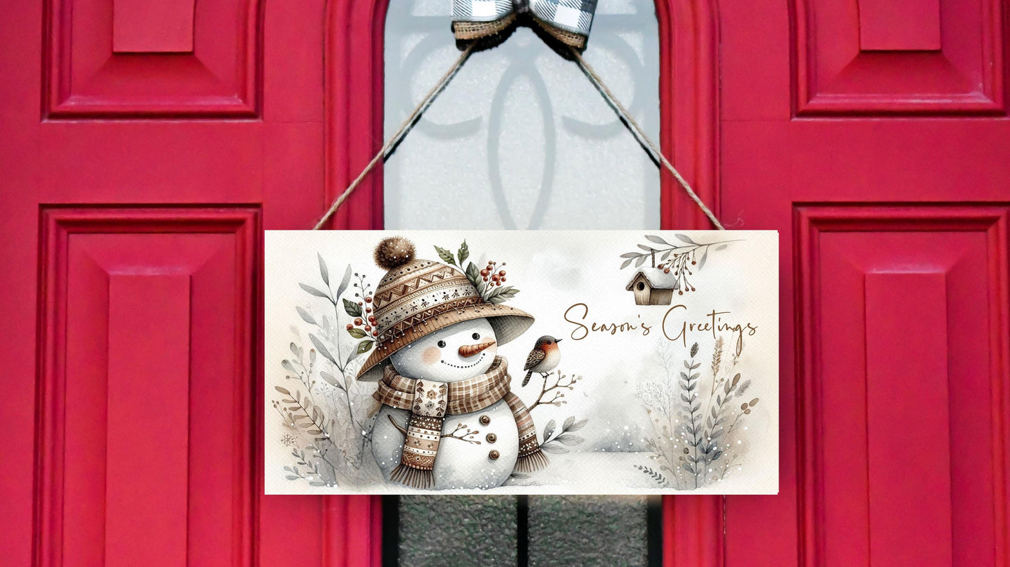 Neutral Snowman Season's Greetings Wood Sign, Wood Decorative Wall Signs, 5" x 10" Wood Wall Decor, Hanging Wall Sign