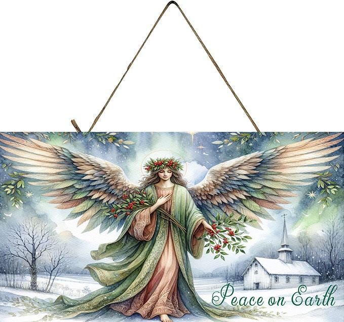 Peace on Earth Angel Christmas Wood Sign, Wood Decorative Wall Signs, 5" x 10" Wood Wall Decor, Hanging Wall Sign