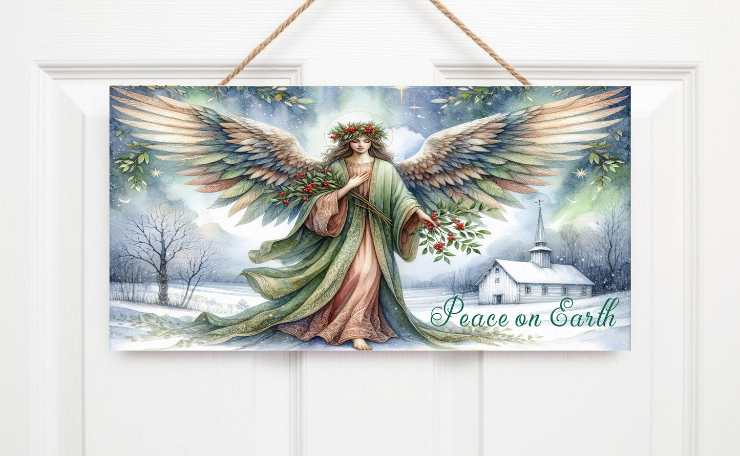 Peace on Earth Angel Christmas Wood Sign, Wood Decorative Wall Signs, 5" x 10" Wood Wall Decor, Hanging Wall Sign