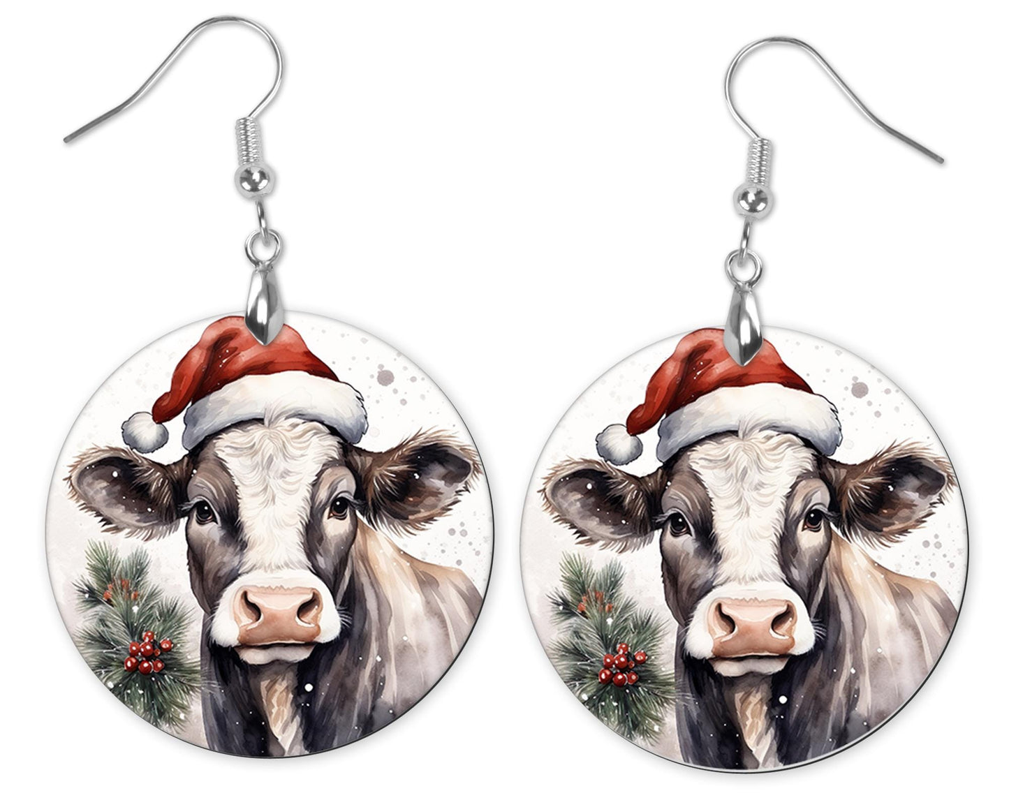 Christmas Cow Round Printed Wood Earrings Handmade Jewelry