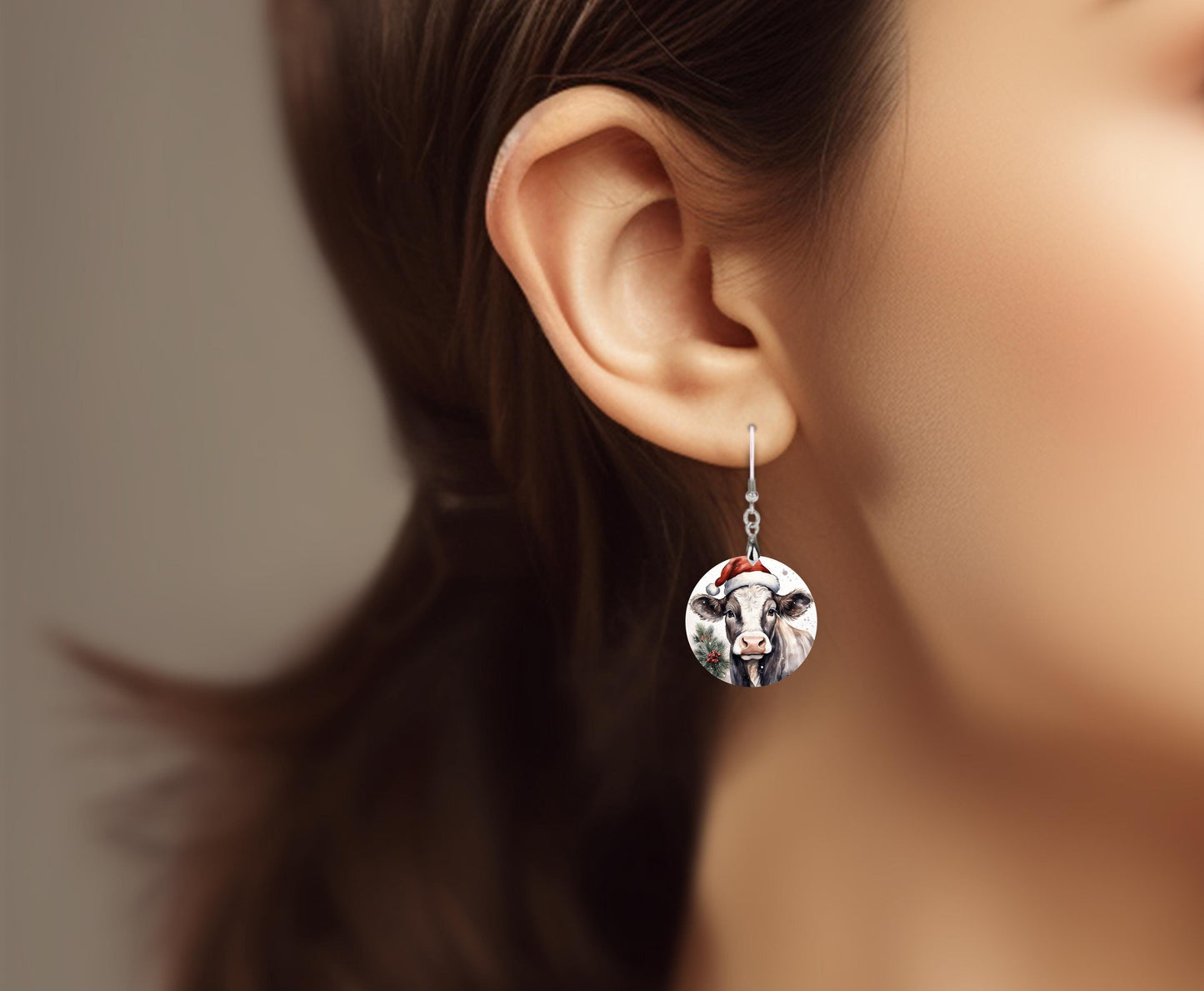 Christmas Cow Round Printed Wood Earrings Handmade Jewelry