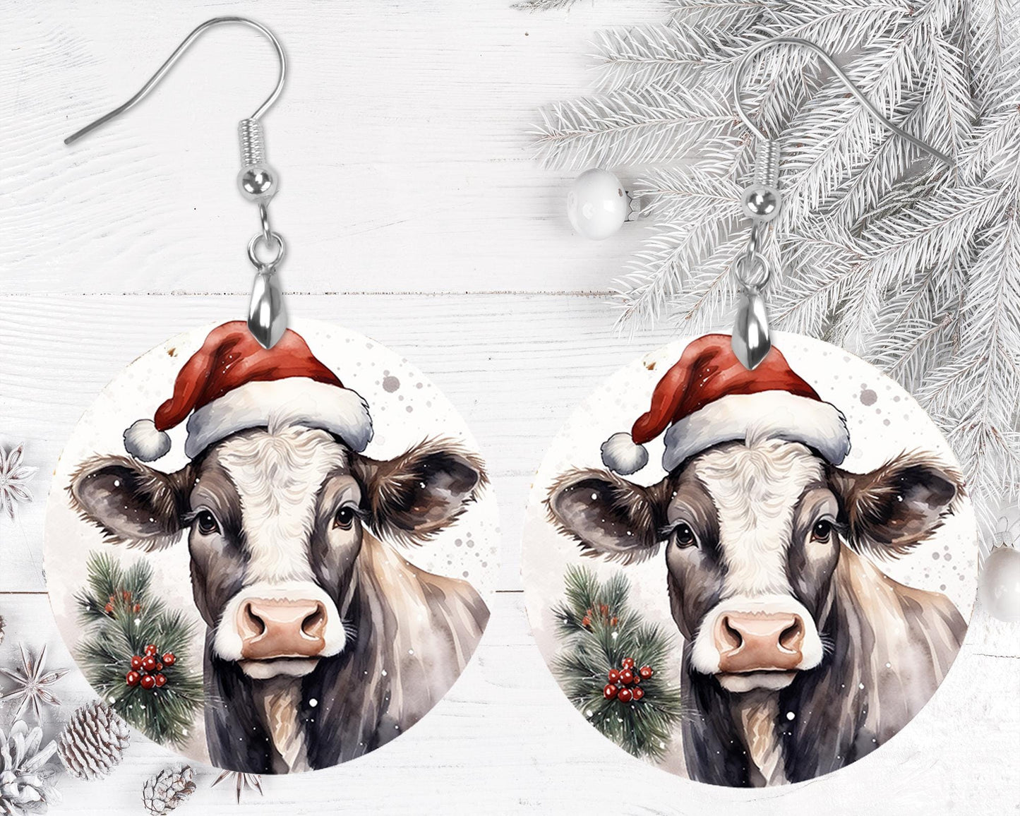 Christmas Cow Round Printed Wood Earrings Handmade Jewelry