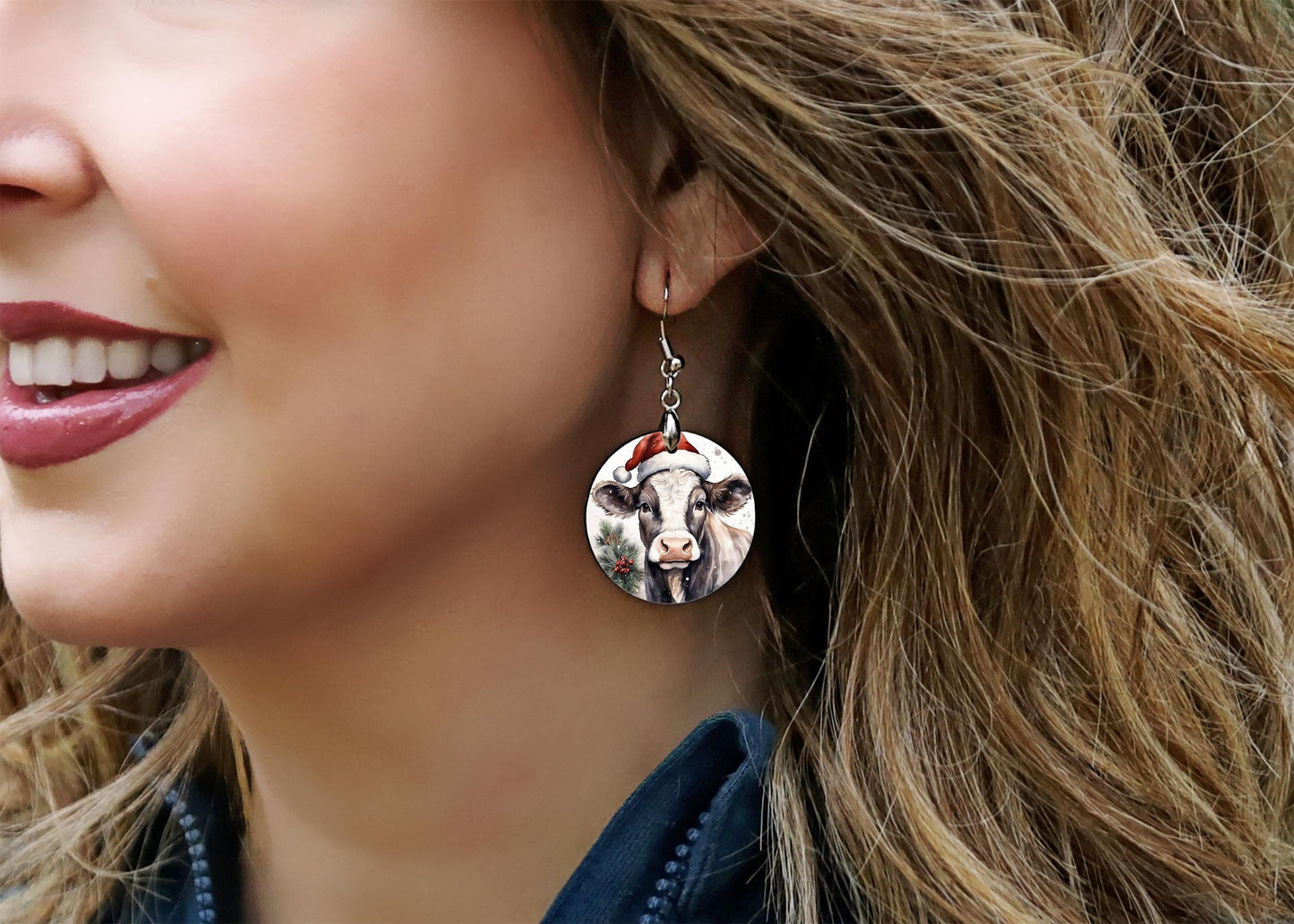 Christmas Cow Round Printed Wood Earrings Handmade Jewelry