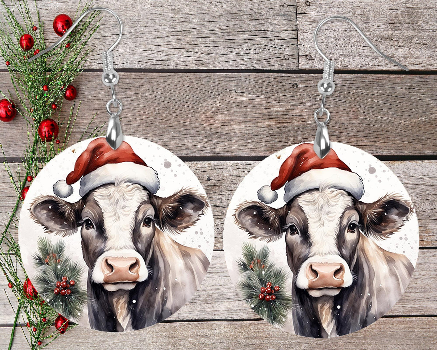 Christmas Cow Round Printed Wood Earrings Handmade Jewelry