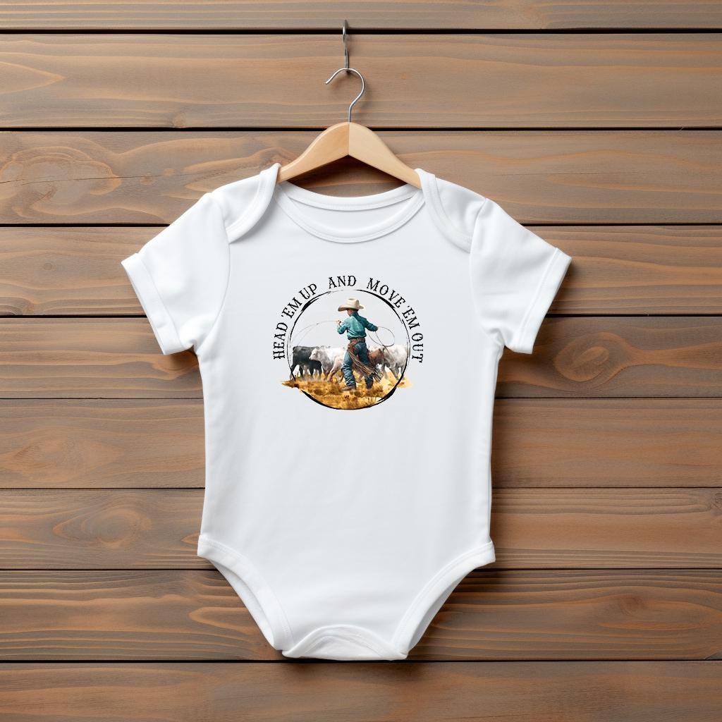 Baby Bodysuit, Head 'Em Up Move 'Em Out One Piece Baby Suit, Baby Gift, Long / Short Sleeve, 0-18 Months size