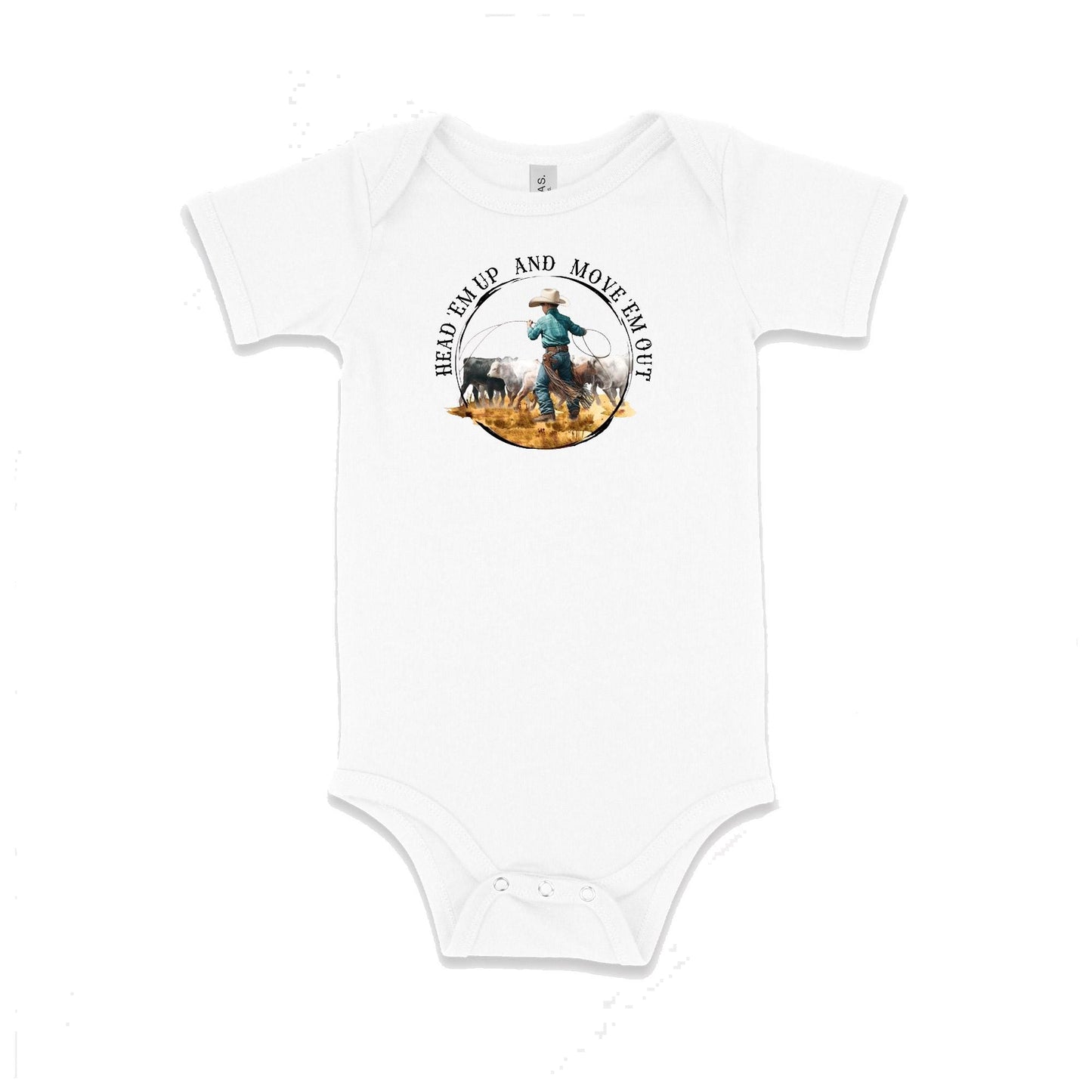 Baby Bodysuit, Head 'Em Up Move 'Em Out One Piece Baby Suit, Baby Gift, Long / Short Sleeve, 0-18 Months size