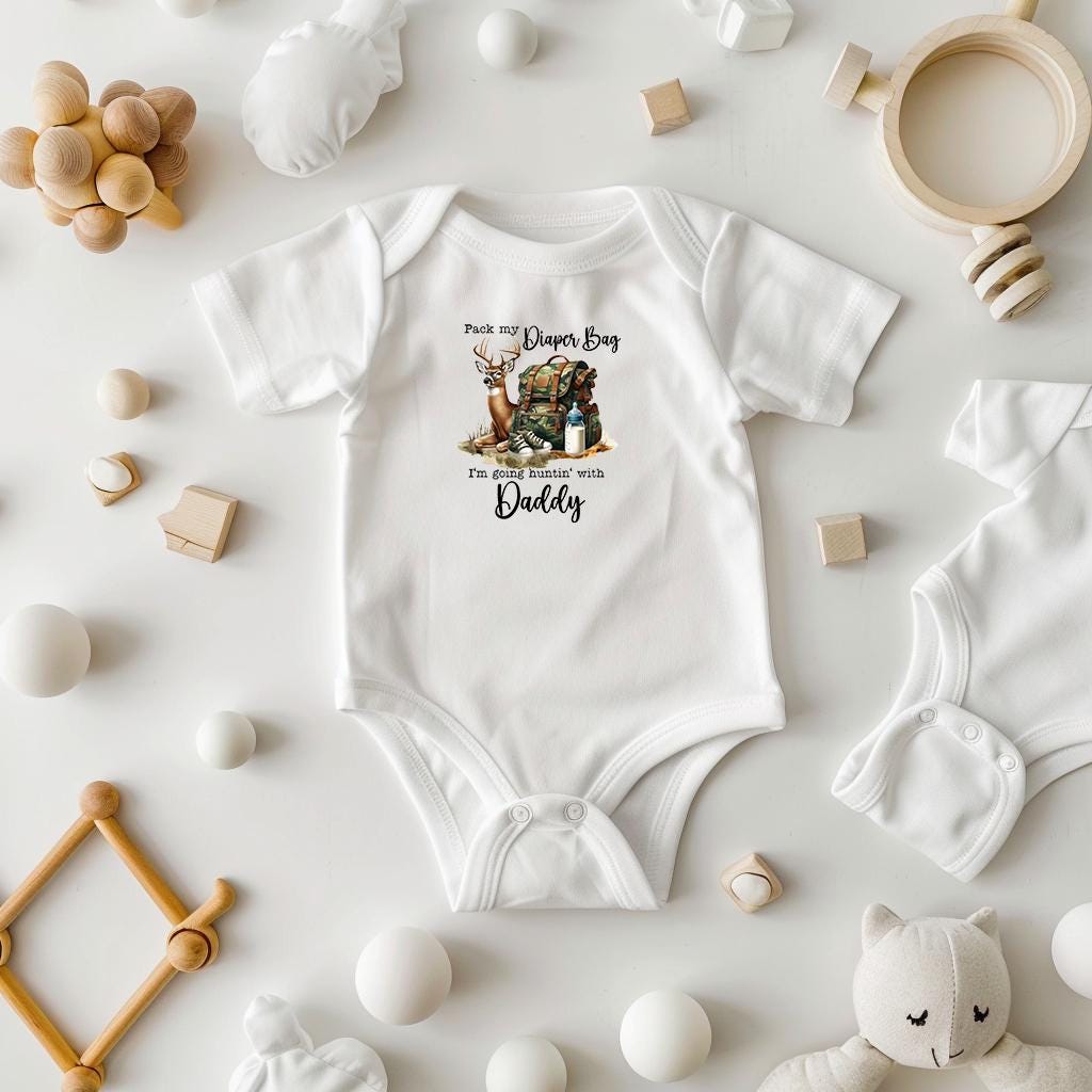 Baby Bodysuit, Pack My Diaper Bad I'm Going Hunting with Daddy One Piece Baby Suit, Baby Gift, Long / Short Sleeve, 0-18 Months size