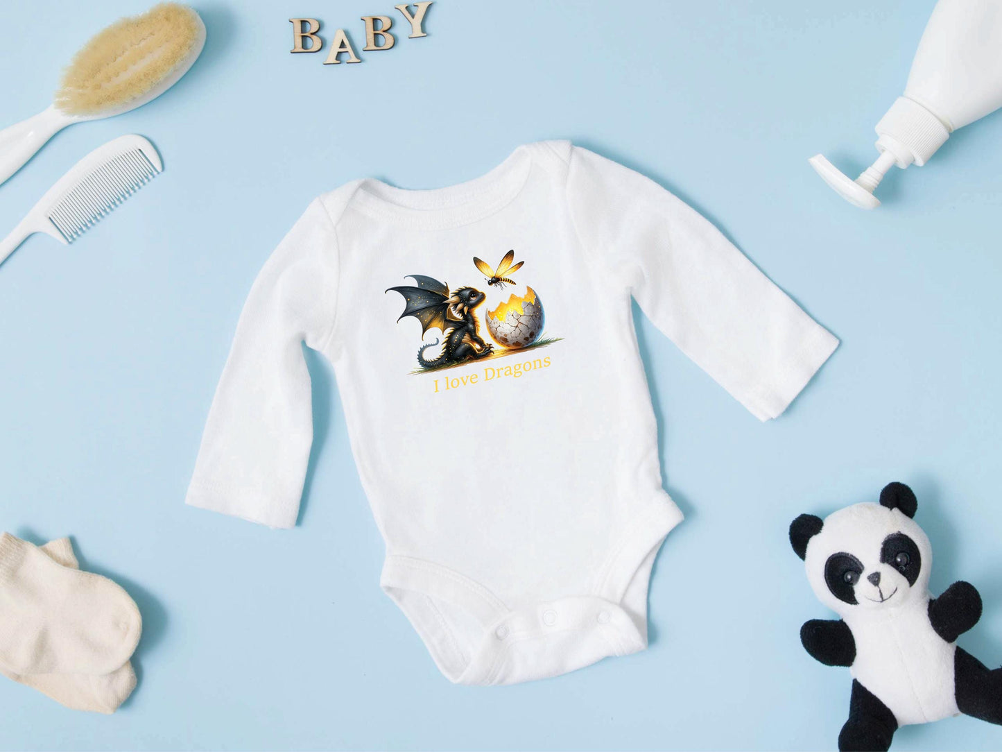 Baby Bodysuit, I Love Dragons One Piece Baby Suit, Baby Gift, Long / Short Sleeve, 0-18 Months size