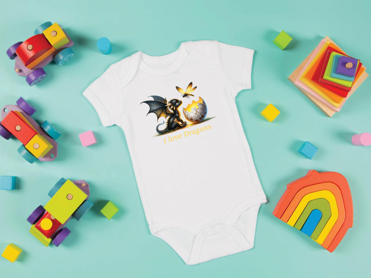 Baby Bodysuit, I Love Dragons One Piece Baby Suit, Baby Gift, Long / Short Sleeve, 0-18 Months size