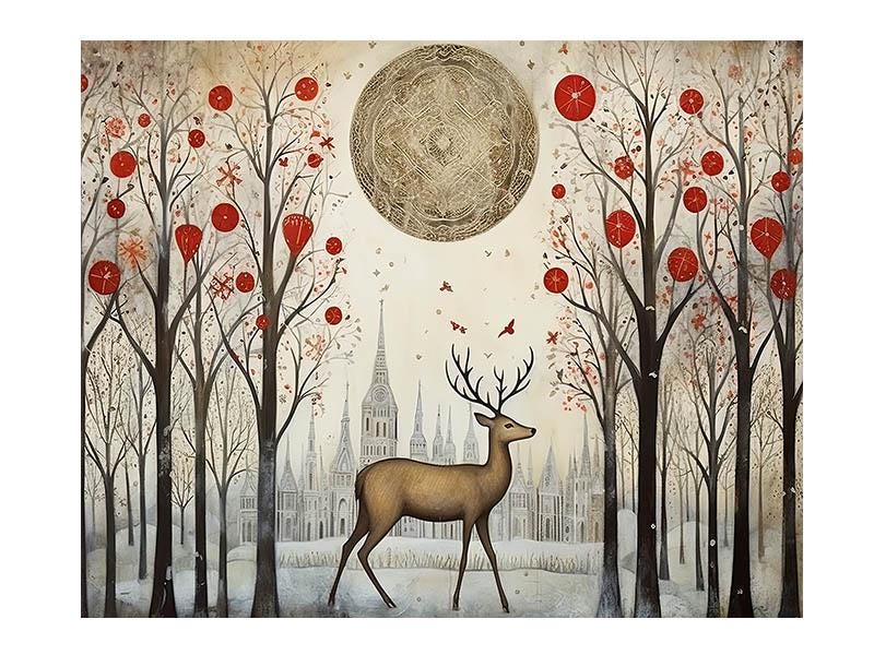 20x16 Christmas Deer in Red Forest Wall Art Canvas Print