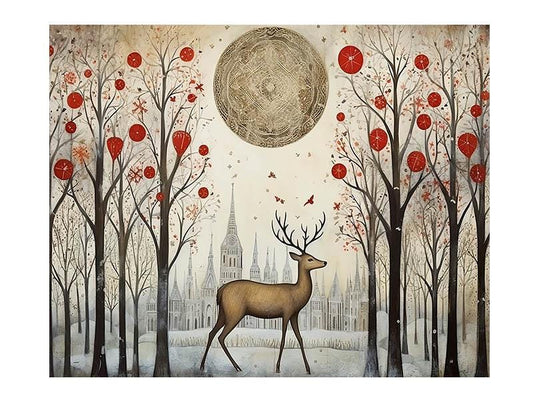 20x16 Christmas Deer in Red Forest Wall Art Canvas Print