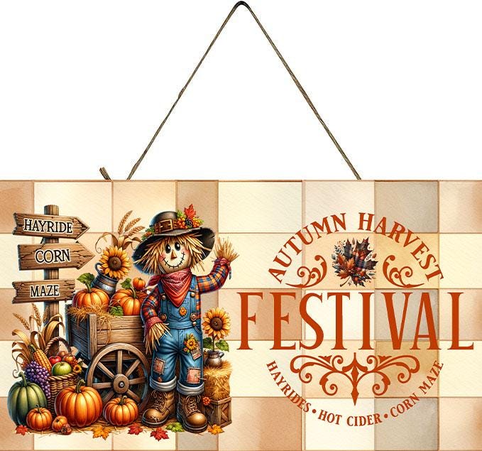 Scarecrow Autumn Harvest Festival Wood Sign, Wood Decorative Wall Signs, 5" x 10" Wood Wall Decor, Hanging Wall Sign