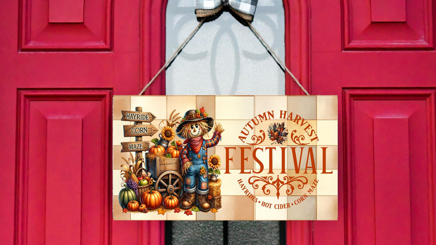 Scarecrow Autumn Harvest Festival Wood Sign, Wood Decorative Wall Signs, 5" x 10" Wood Wall Decor, Hanging Wall Sign