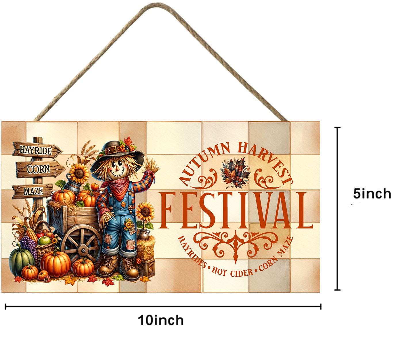 Scarecrow Autumn Harvest Festival Wood Sign, Wood Decorative Wall Signs, 5" x 10" Wood Wall Decor, Hanging Wall Sign