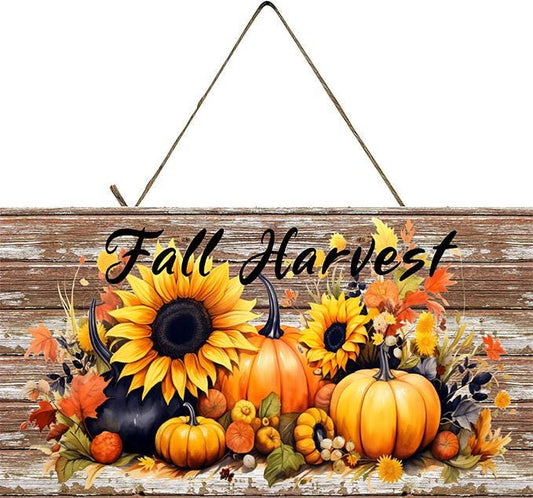 Fall Harvest Pumpkins and Sunflowers Wood Sign, Wood Decorative Wall Signs, 5" x 10" Wood Wall Decor, Hanging Wall Sign