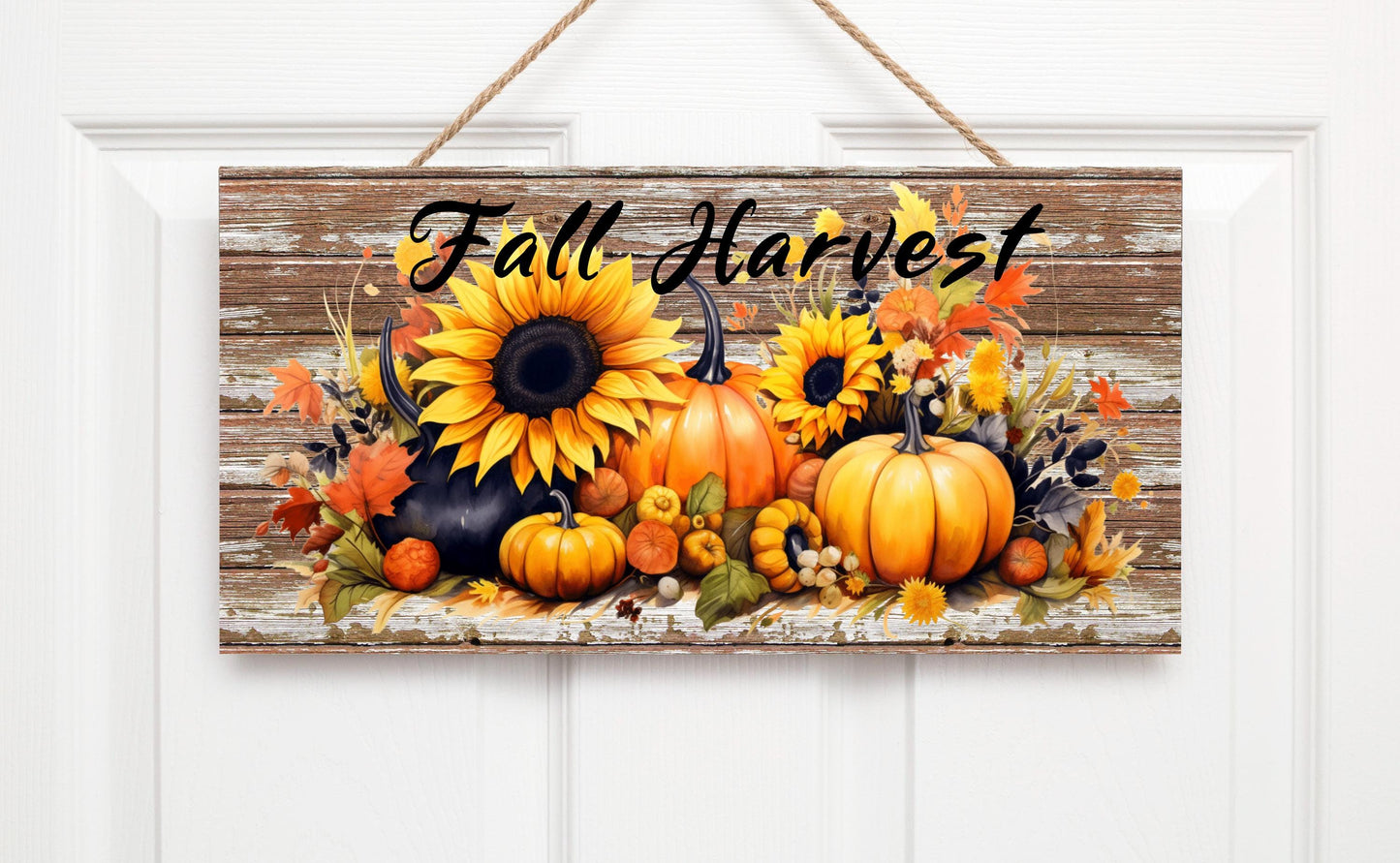 Fall Harvest Pumpkins and Sunflowers Wood Sign, Wood Decorative Wall Signs, 5" x 10" Wood Wall Decor, Hanging Wall Sign