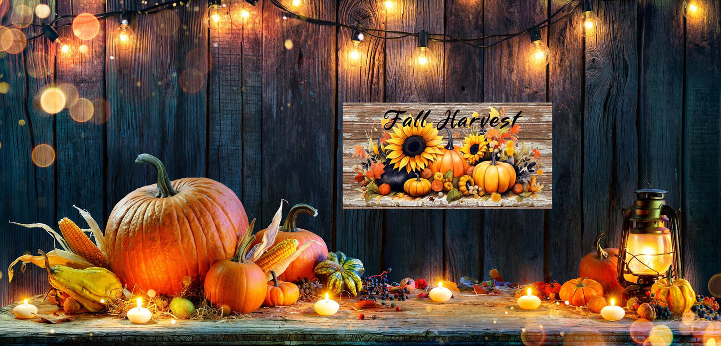 Fall Harvest Pumpkins and Sunflowers Wood Sign, Wood Decorative Wall Signs, 5" x 10" Wood Wall Decor, Hanging Wall Sign