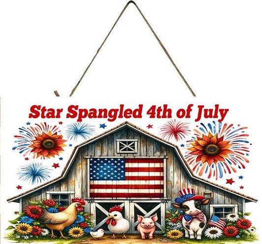 Star Spangled 4th of July Wood Sign, Wood Decorative Wall Signs, 5" x 10" Wood Wall Decor, Hanging Wall Sign