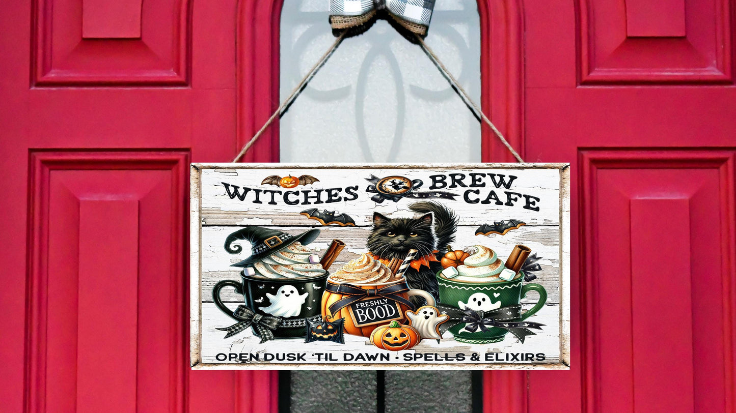 Halloween Witches Brew Cafe Wood Sign, Wood Decorative Wall Signs, 5" x 10" Wood Wall Decor, Hanging Wall Sign