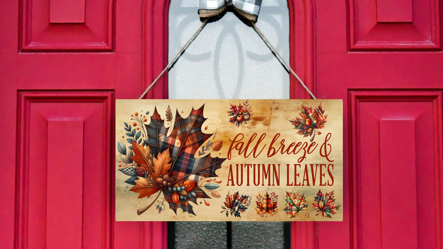 Fall Leaves Autumn Breeze Plaid Leaves Wood Sign, Wood Decorative Wall Signs, 5" x 10" Wood Wall Decor, Hanging Wall Sign