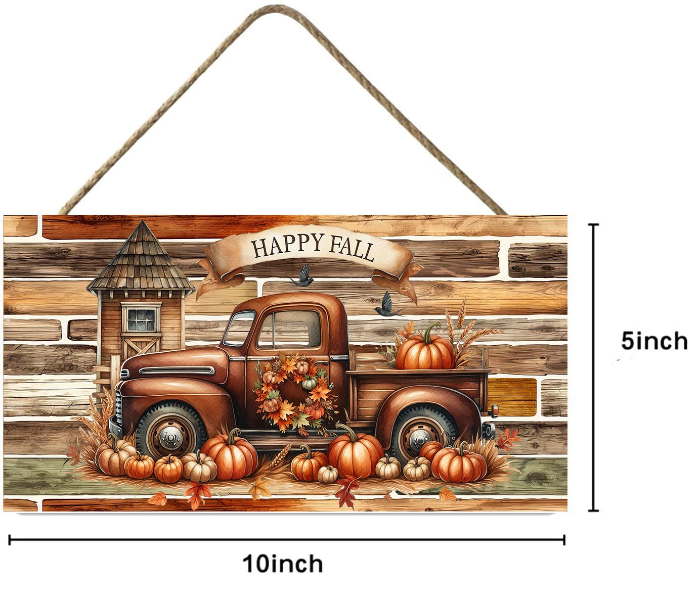 Happy Fall Brown Truck and Pumpkins Wood Sign, Wood Decorative Wall Signs, 5" x 10" Wood Wall Decor, Hanging Wall Sign