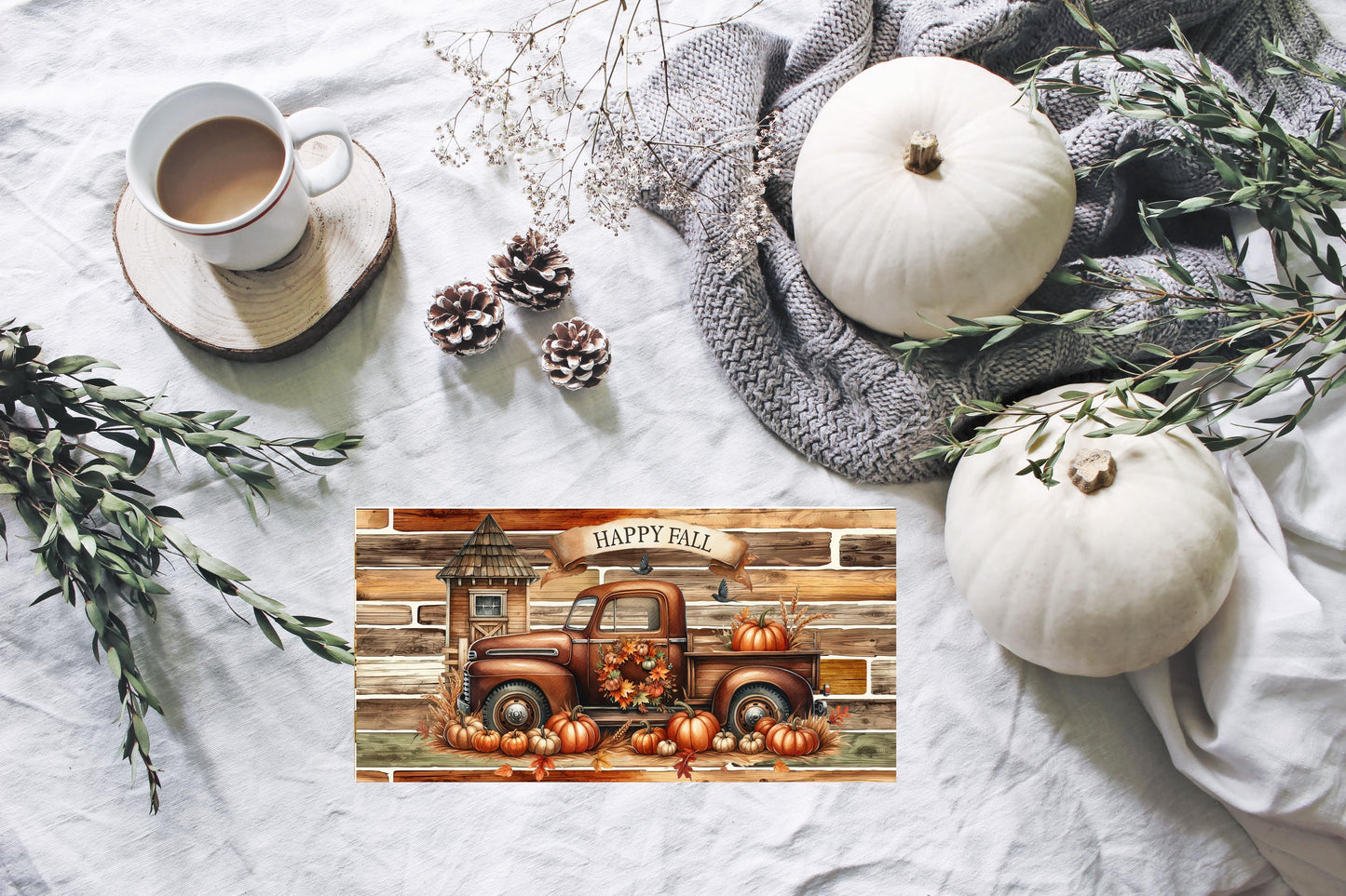 Happy Fall Brown Truck and Pumpkins Wood Sign, Wood Decorative Wall Signs, 5" x 10" Wood Wall Decor, Hanging Wall Sign