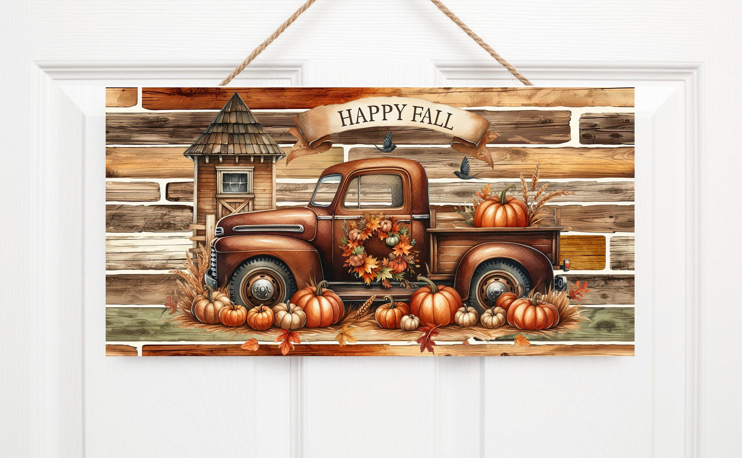 Happy Fall Brown Truck and Pumpkins Wood Sign, Wood Decorative Wall Signs, 5" x 10" Wood Wall Decor, Hanging Wall Sign