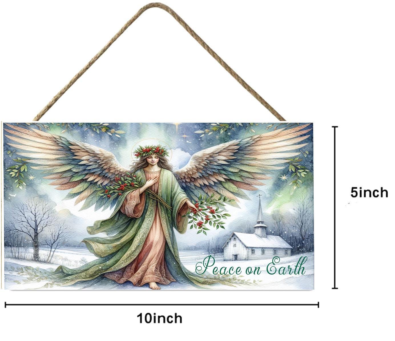 Peace on Earth Angel Christmas Wood Sign, Wood Decorative Wall Signs, 5" x 10" Wood Wall Decor, Hanging Wall Sign