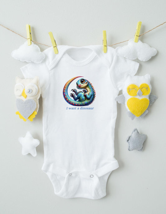 Baby Bodysuit, I Want a Dinosaur One Piece Baby Suit, Baby Gift, Long / Short Sleeve, 0-18 Months size