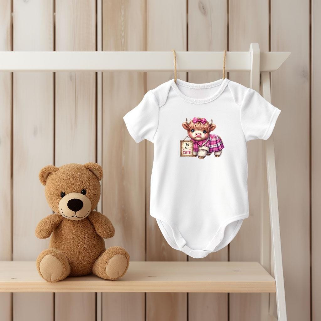 Baby Bodysuit, I'm So Cute Pink Highland Cow One Piece Baby Suit, Baby Gift, Long / Short Sleeve, 0-18 Months size