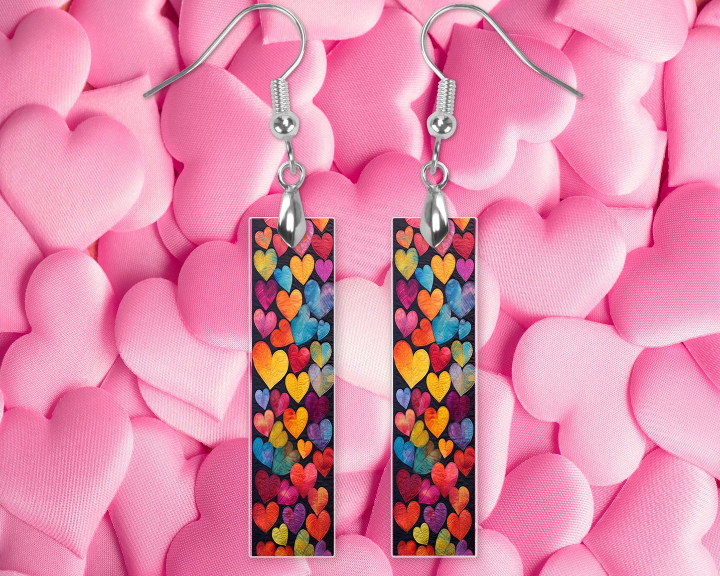 All Over Hearts Printed Wood Dangle Earrings Hypoallergenic Jewelry Handmade