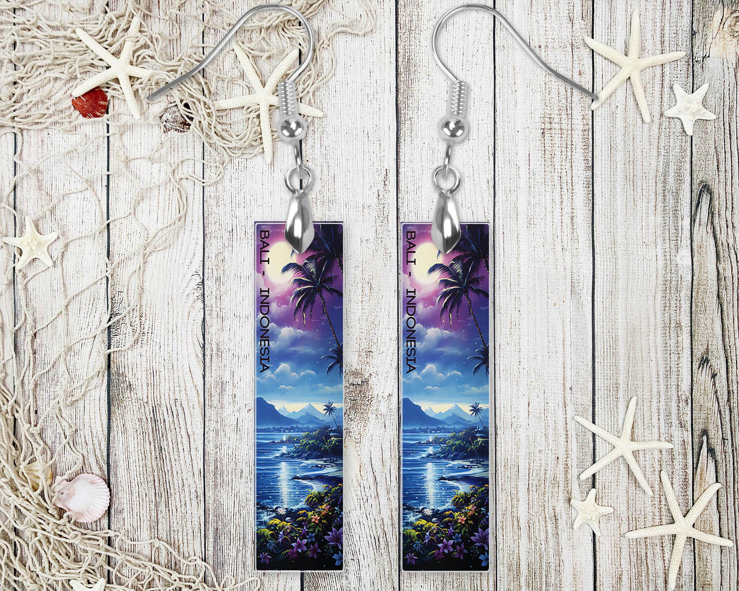 Bali Beach at Night Earrings, Printed Wood Dangle Earrings Hypoallergenic Jewelry Handmade