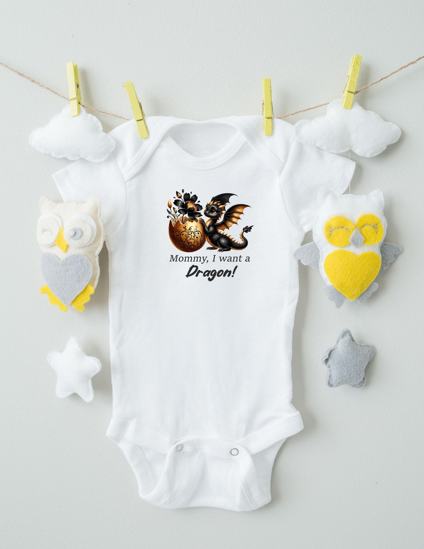 Baby Bodysuit, Mommy, I Want a Dragon One Piece Baby Suit, Baby Gift, Long / Short Sleeve, 0-18 Months size