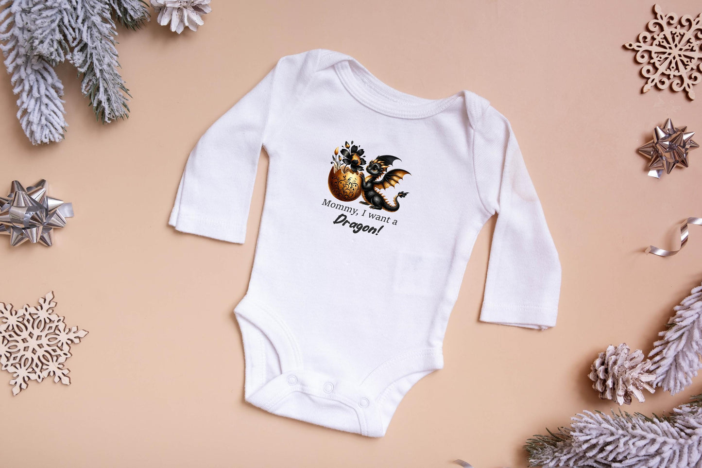 Baby Bodysuit, Mommy, I Want a Dragon One Piece Baby Suit, Baby Gift, Long / Short Sleeve, 0-18 Months size