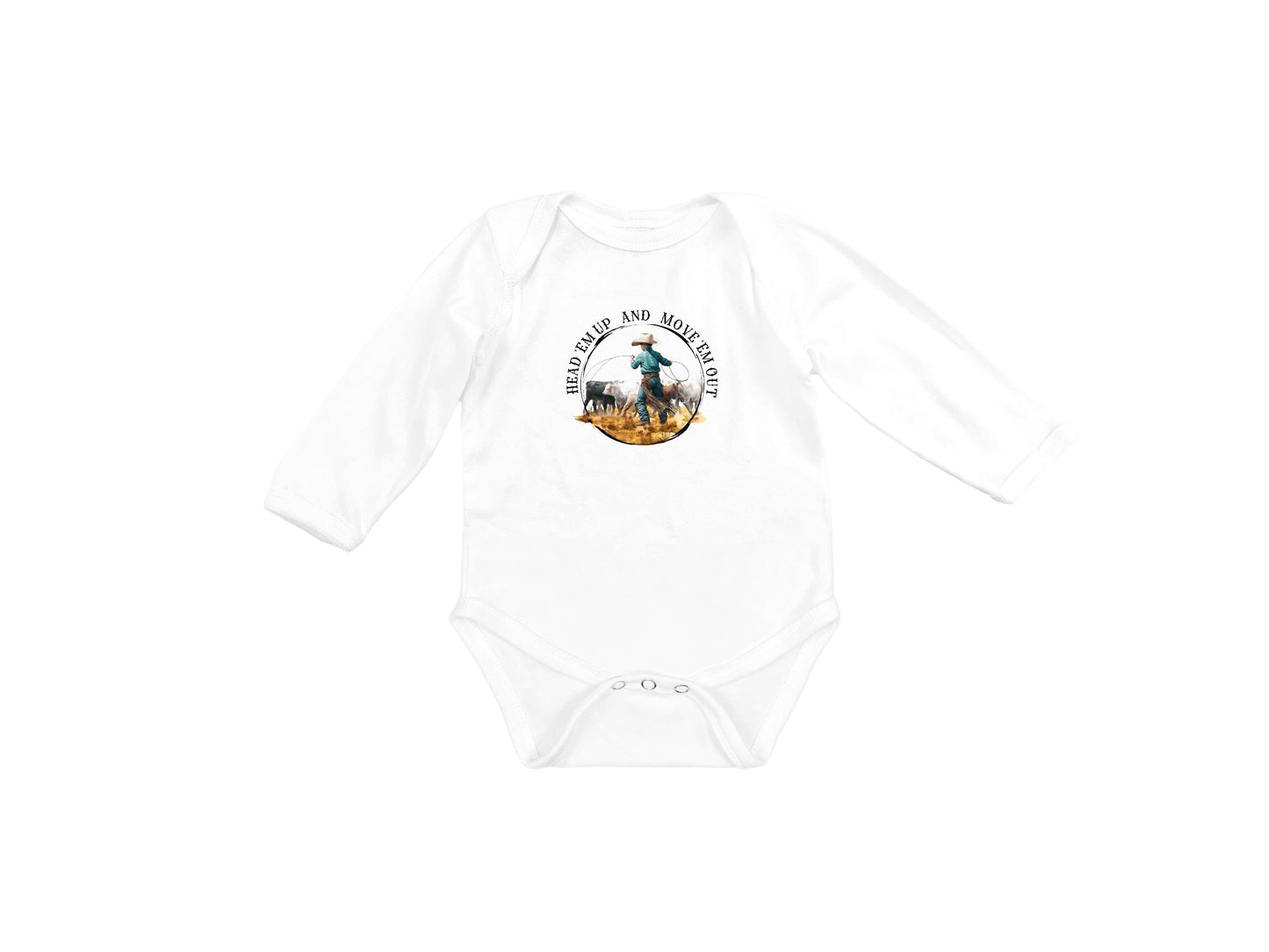 Baby Bodysuit, Head 'Em Up Move 'Em Out One Piece Baby Suit, Baby Gift, Long / Short Sleeve, 0-18 Months size