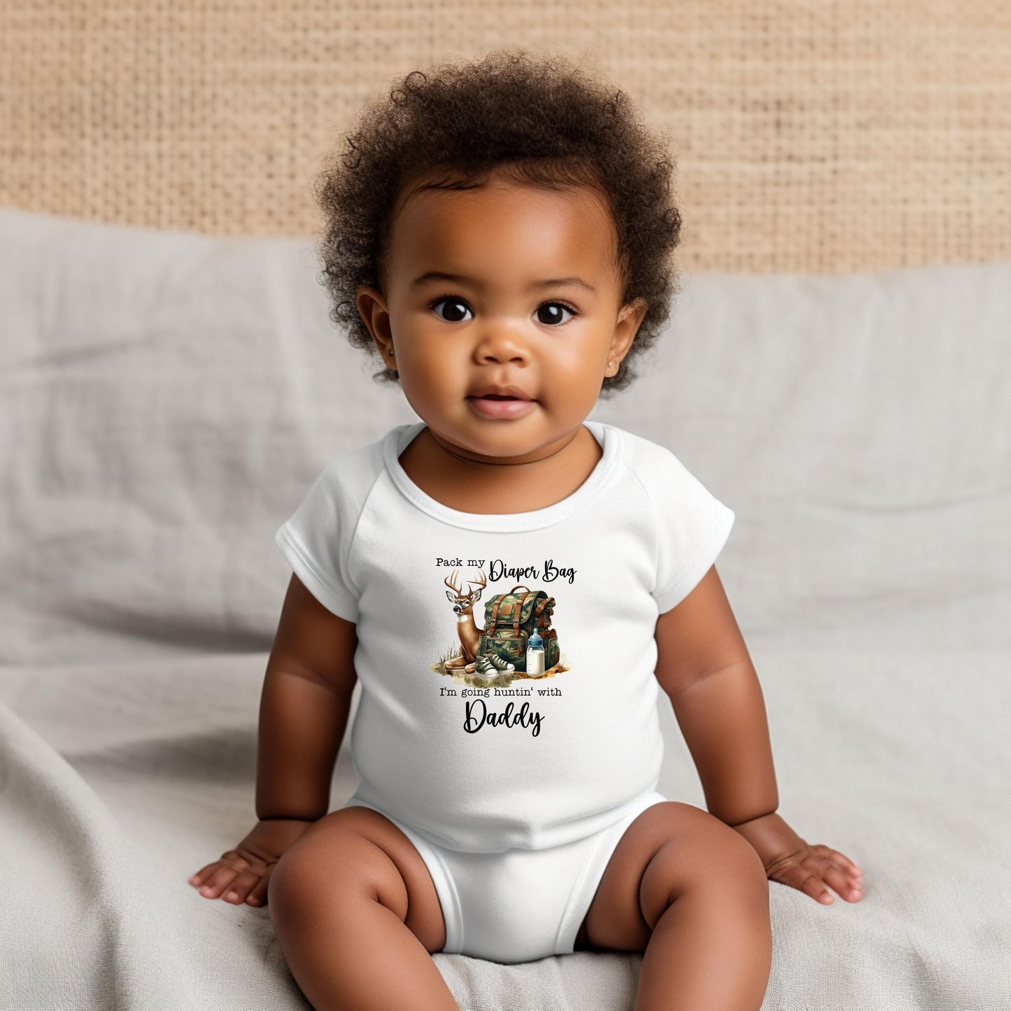 Baby Bodysuit, Pack My Diaper Bad I'm Going Hunting with Daddy One Piece Baby Suit, Baby Gift, Long / Short Sleeve, 0-18 Months size