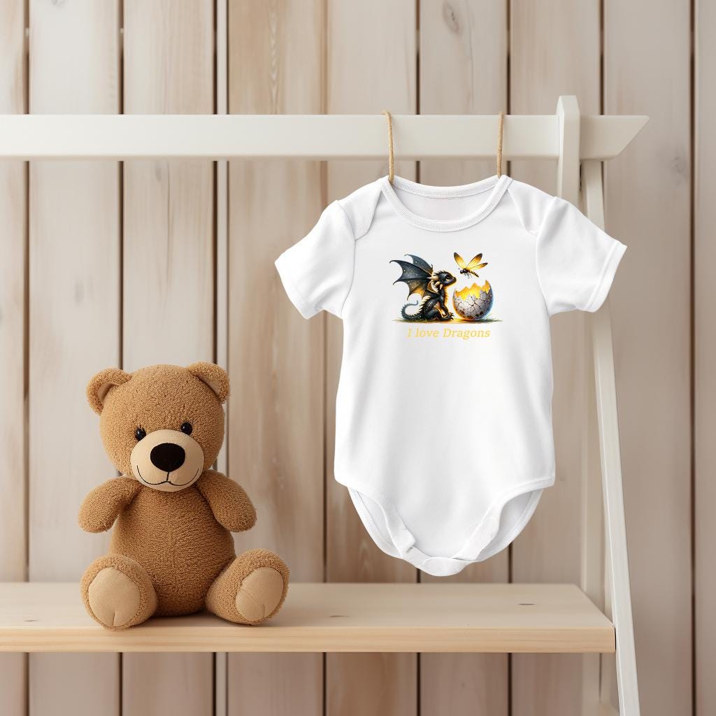 Baby Bodysuit, I Love Dragons One Piece Baby Suit, Baby Gift, Long / Short Sleeve, 0-18 Months size