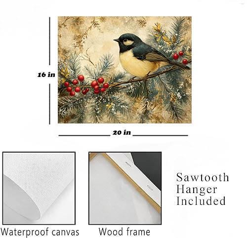 Bird on a Holly Branch 20x16 Christmas Canvas Print