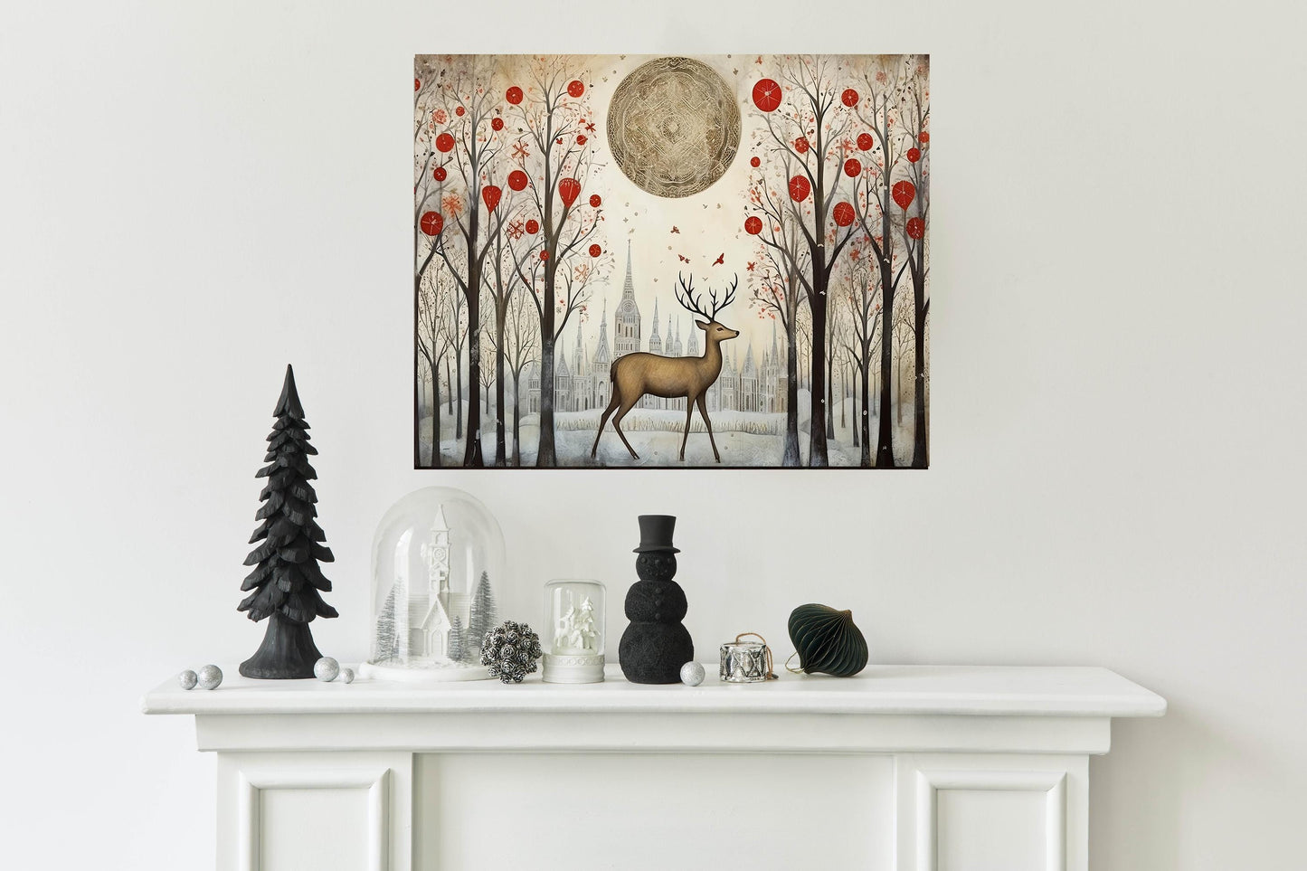 20x16 Christmas Deer in Red Forest Wall Art Canvas Print