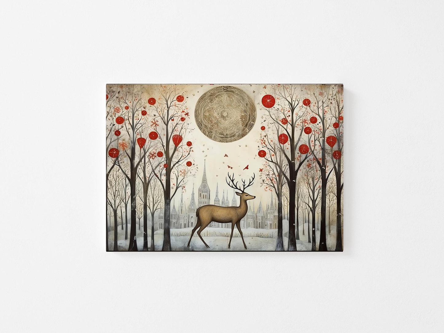 20x16 Christmas Deer in Red Forest Wall Art Canvas Print