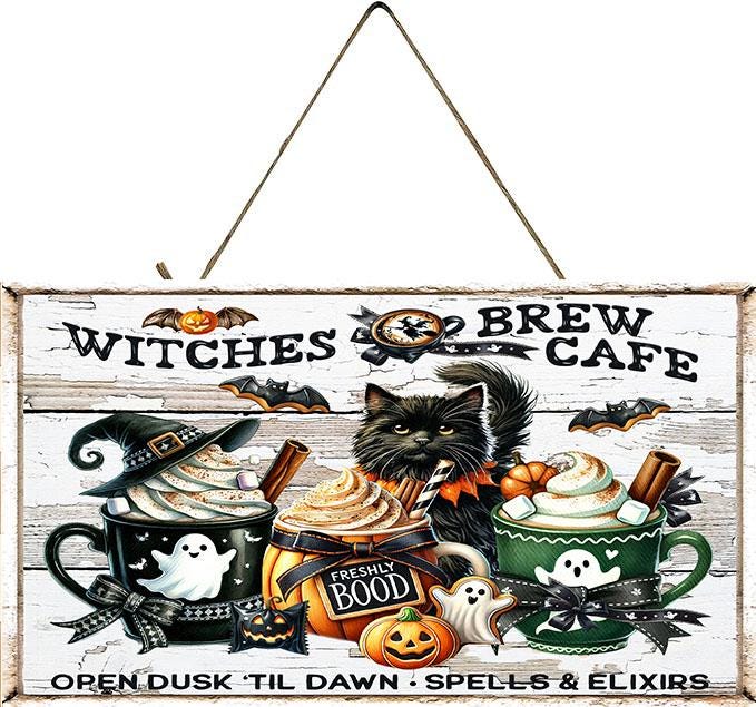 Halloween Witches Brew Cafe Wood Sign, Wood Decorative Wall Signs, 5" x 10" Wood Wall Decor, Hanging Wall Sign