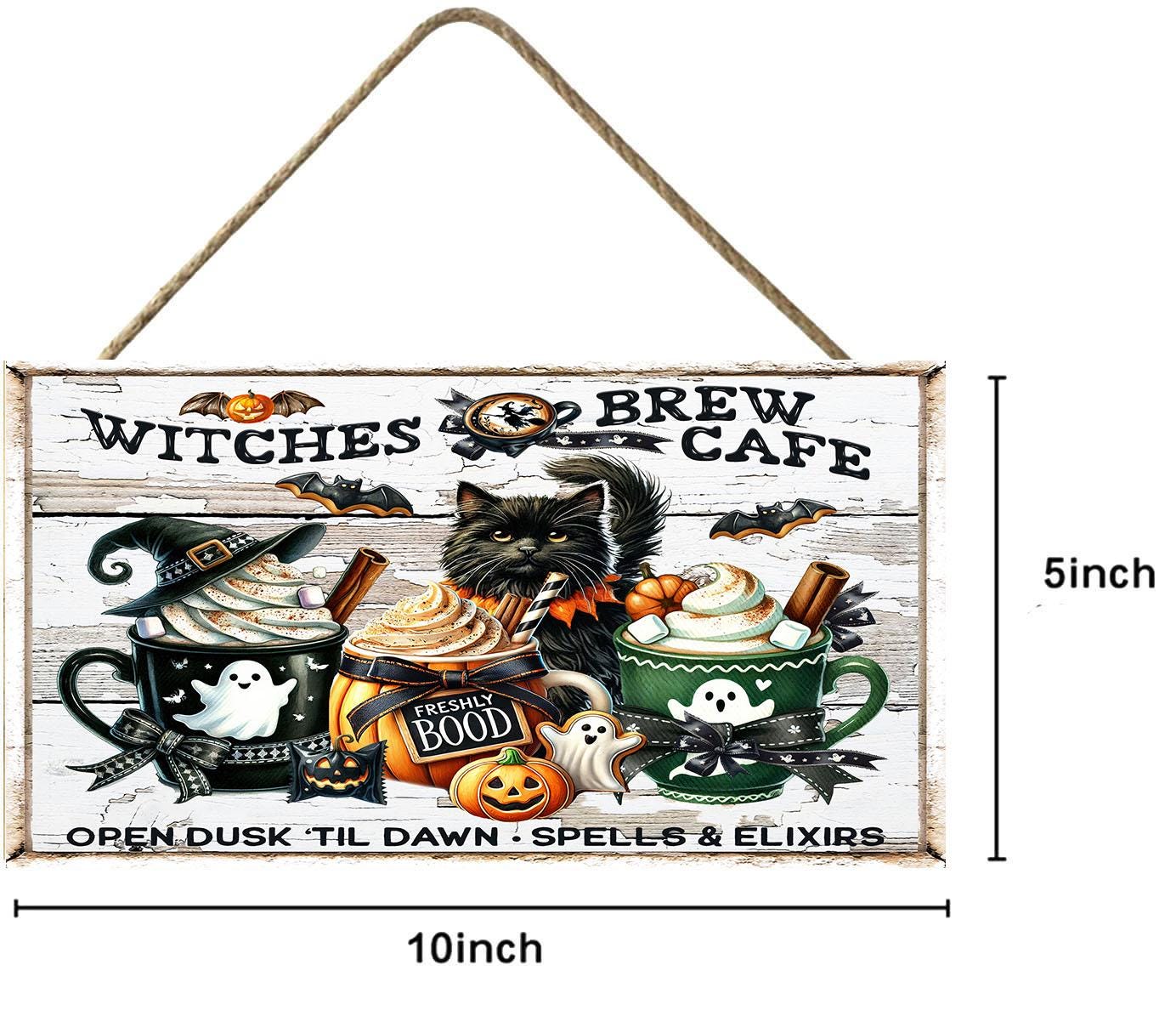 Halloween Witches Brew Cafe Wood Sign, Wood Decorative Wall Signs, 5" x 10" Wood Wall Decor, Hanging Wall Sign