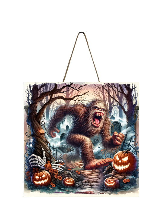 Bigfoot Halloween Cemetery Hanging Wall Mini Sign Wood Home Decor, Door Hanger, Wreath Sign