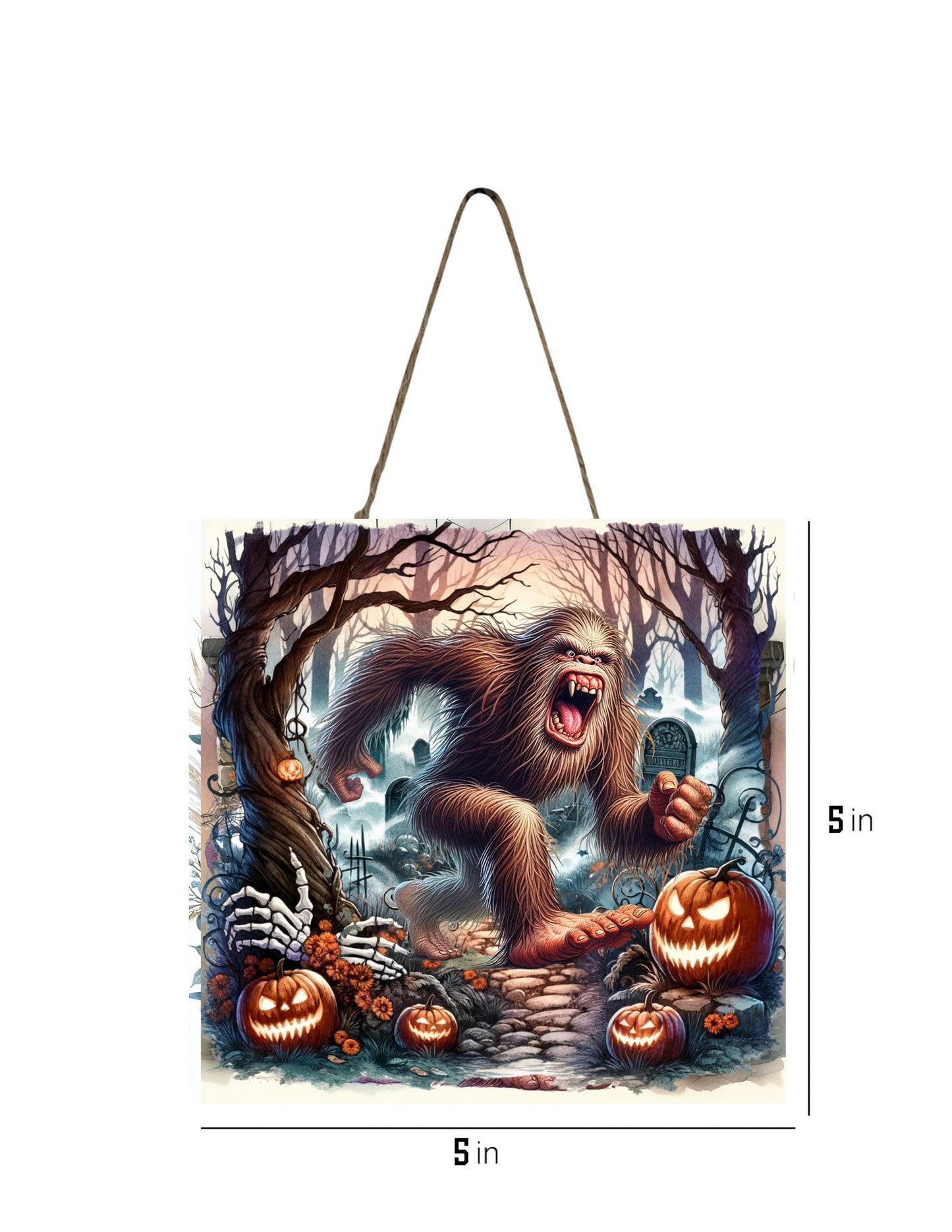 Bigfoot Halloween Cemetery Hanging Wall Mini Sign Wood Home Decor, Door Hanger, Wreath Sign