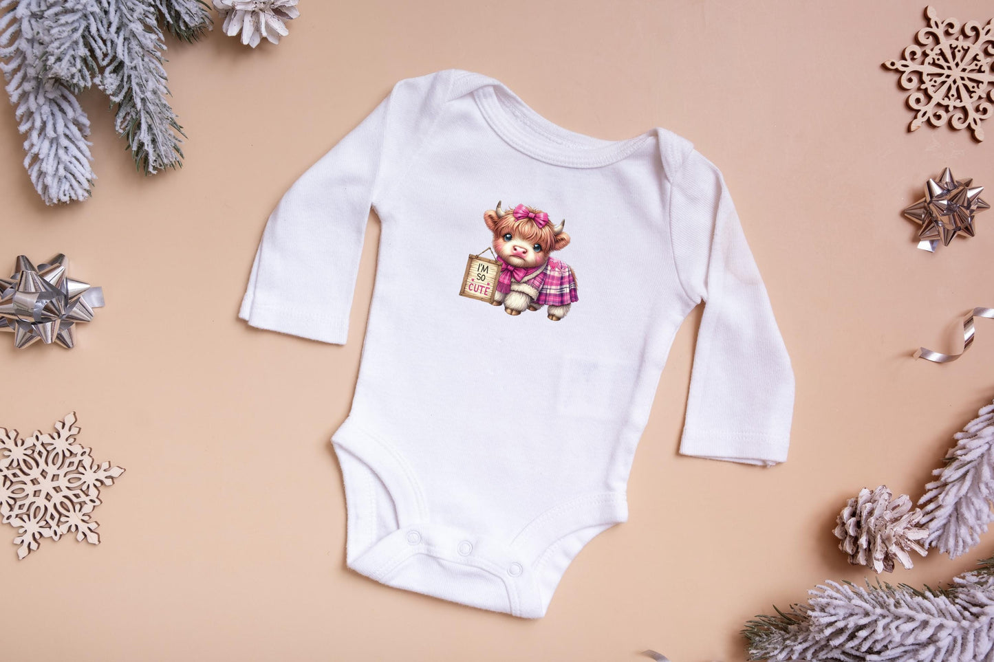 Baby Bodysuit, I'm So Cute Pink Highland Cow One Piece Baby Suit, Baby Gift, Long / Short Sleeve, 0-18 Months size