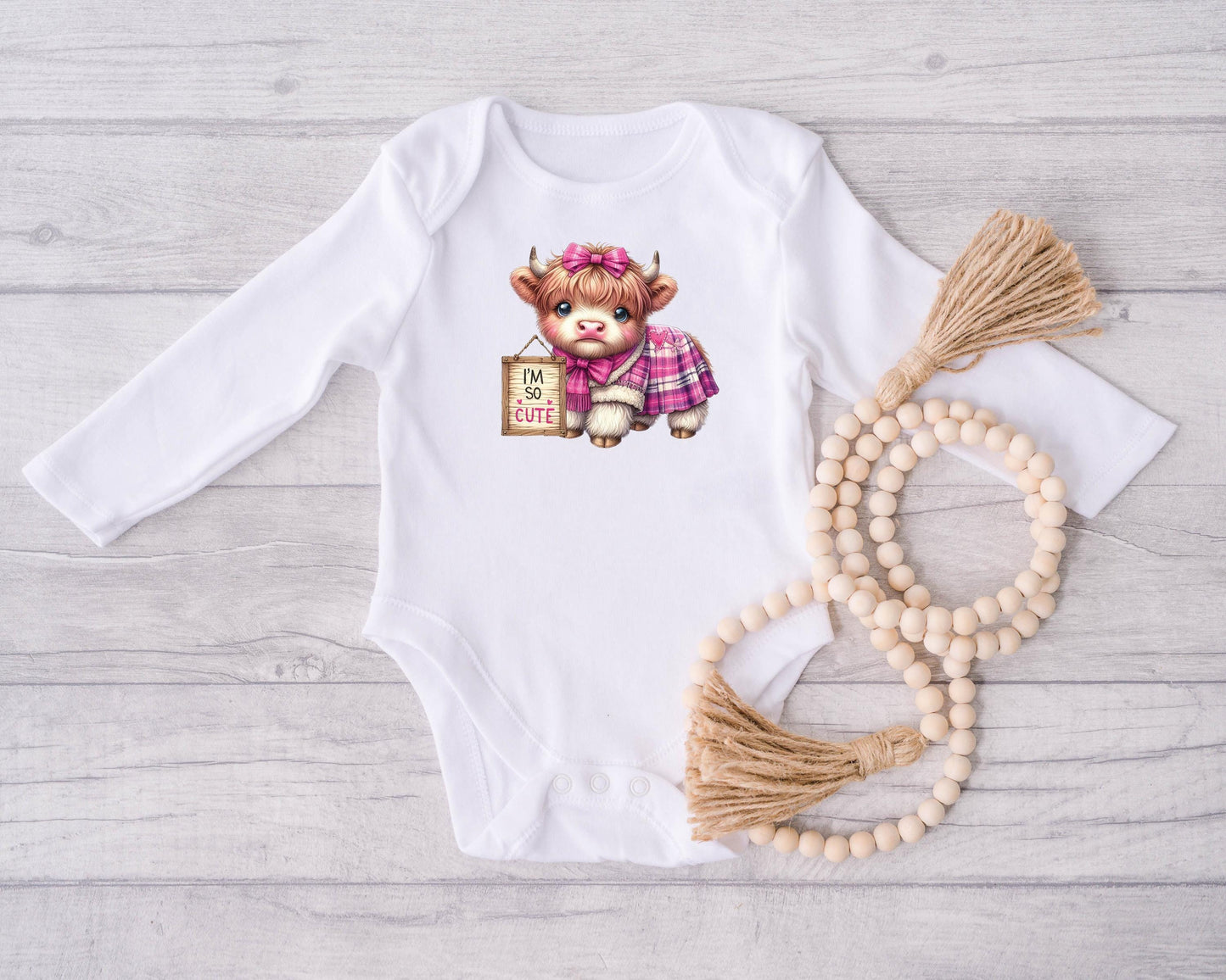 Baby Bodysuit, I'm So Cute Pink Highland Cow One Piece Baby Suit, Baby Gift, Long / Short Sleeve, 0-18 Months size