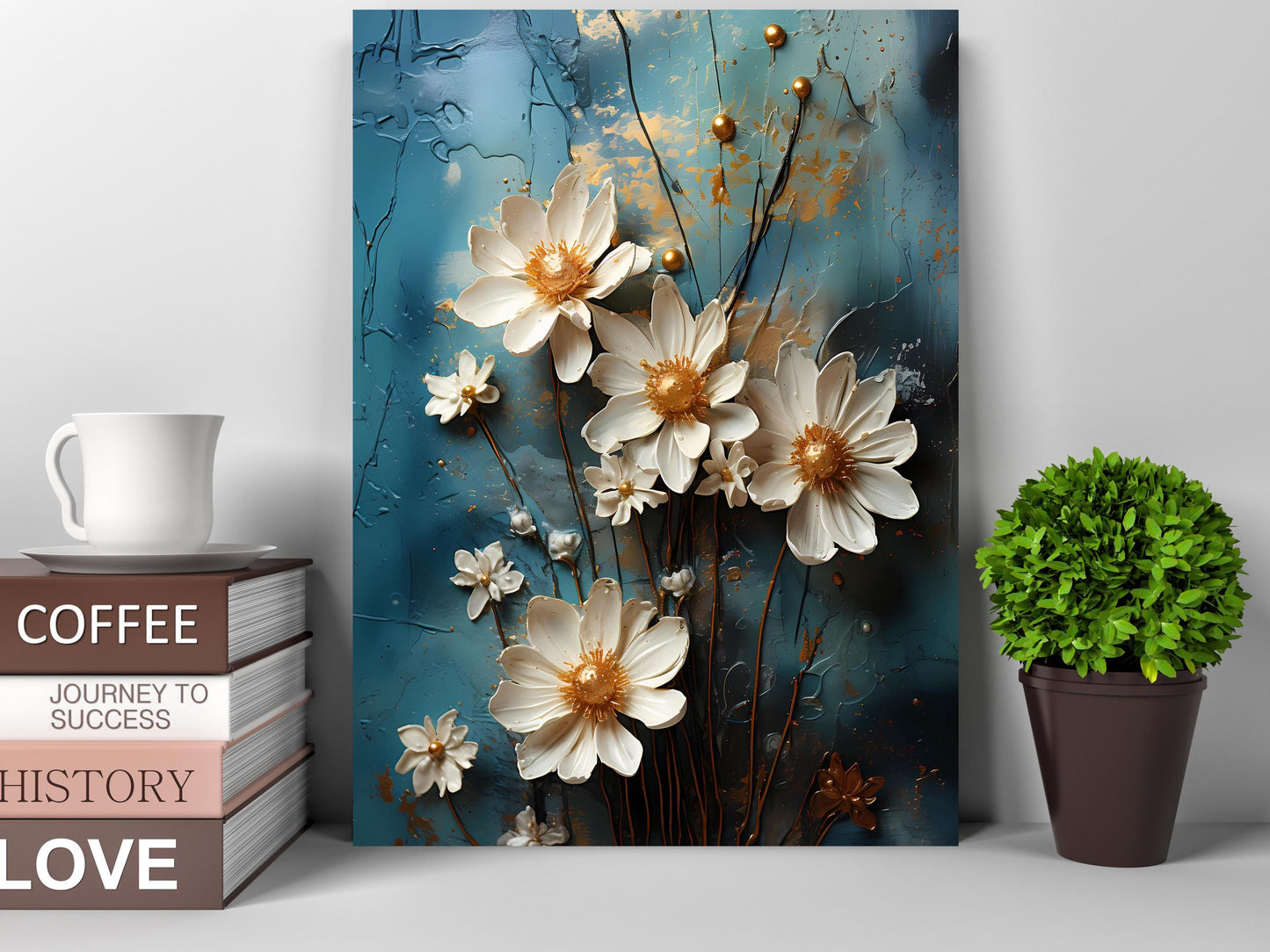 11x14 White Flowers on Teal Wall Art Canvas Print