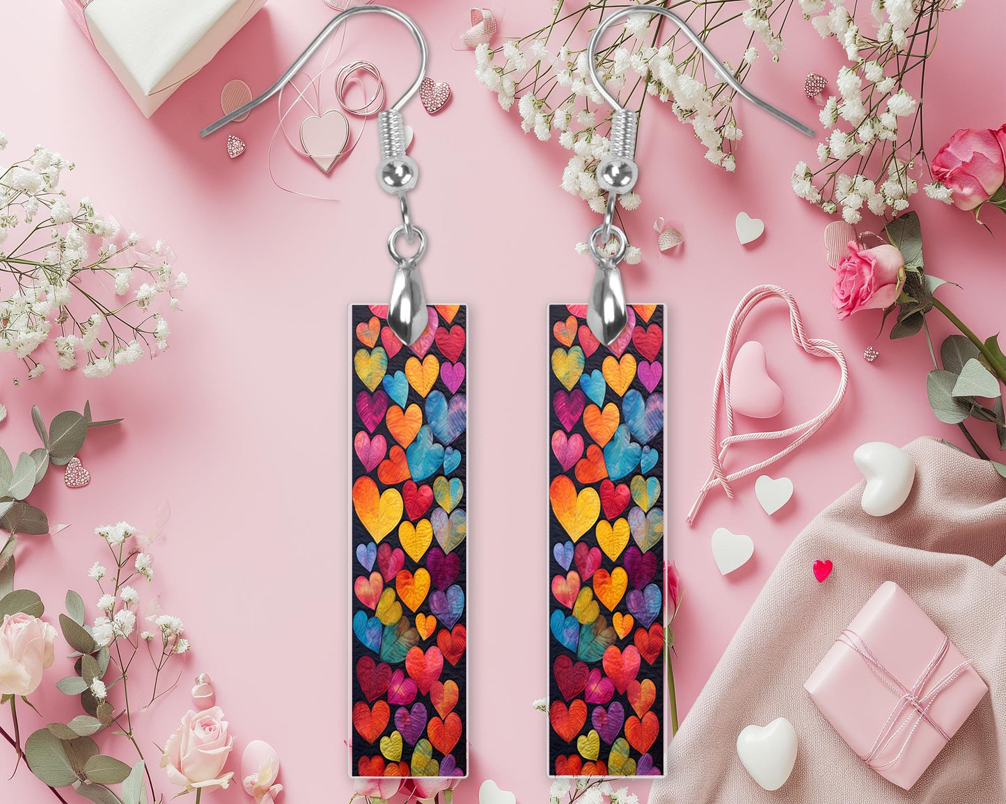 All Over Hearts Printed Wood Dangle Earrings Hypoallergenic Jewelry Handmade