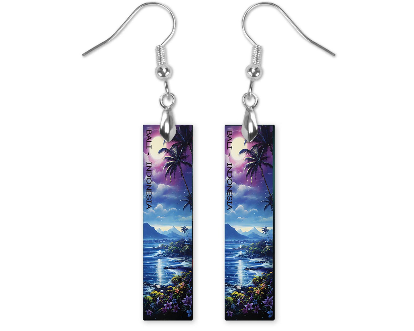 Bali Beach at Night Earrings, Printed Wood Dangle Earrings Hypoallergenic Jewelry Handmade